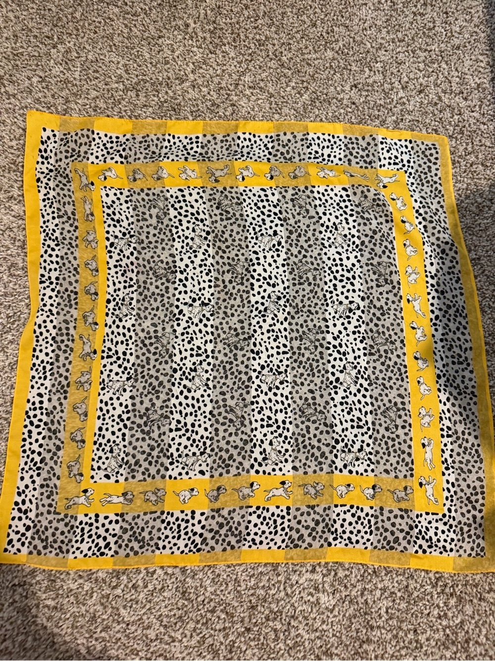 Yellow Border Polka Dot Scarf with Dalmatian Dog Motif